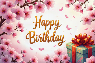 A festive birthday greeting with pink flowers and a beautifully wrapped present.