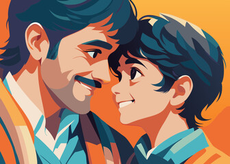 Father and son smiling together, sharing a secret, in warm colors, for family blogs