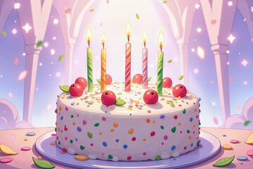 A vibrant birthday cake with five lit candles, topped with apples and decorative sprinkles, set on a table with falling confetti.
