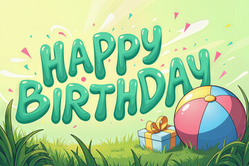 A vibrant birthday card with Happy Birthday text, a beach ball, and a gift by the grass.