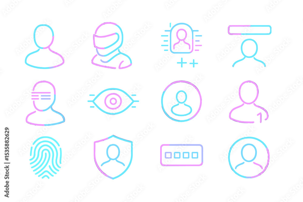 Poster neon icons representing identity, security, and user interface elements