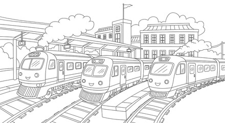 Fototapeta premium Trains at station coloring page for kids transportation railway activity printable sheet on transparent background