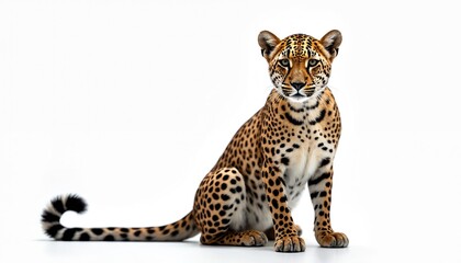 Naklejka premium Spotted leopard cat sits isolated on white background. Big wild animal looking at the camera. Predator cat, majestic feline mammal in studio shot. Safari park theme.