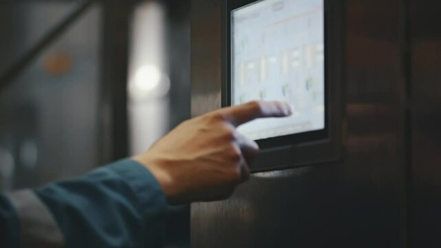 Factory worker managing automated production process, interacting with digital touch screen control panel in modern, high tech industrial manufacturing facility