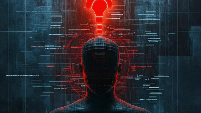 Silhouetted figure with a question mark above, surrounded by digital data patterns in a futuristic scene