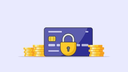 4k animation of a credit card with a padlock and surrounded by gold coins, symbolizing financial security, economic transactions and digital payment protection. - Powered by Adobe