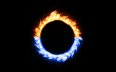 Red and blue fire ring with hot and cold energy flames. Glowing circular contrast of heat and frost for sci-fi, tech, fantasy, visual effects, motion graphics, digital design. Vector illustration.