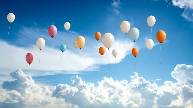 Colorful balloons float high against bright blue sky with fluffy white clouds creating uplifting celebration concept