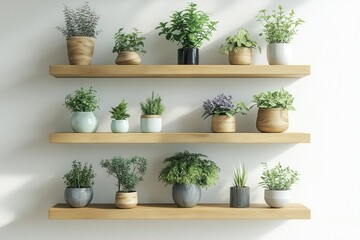 Fototapeta premium Indoor plant display featuring various pots and greenery in a well-lit room during daylight hours