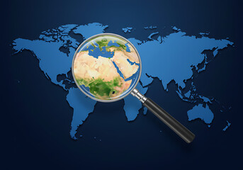 World map with magnifying glass focusing on middle east geography research and global exploration concept