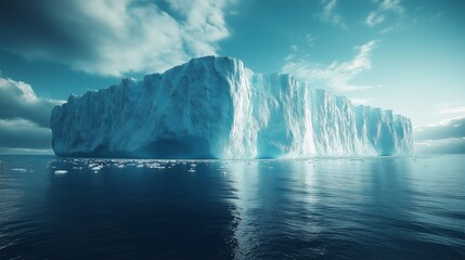 Massive iceberg floating in cold Arctic water under a dramatic cloudy sky.
