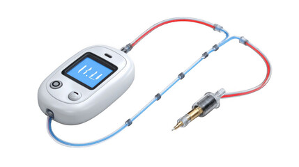 Artificial pancreas continuously monitoring glucose level and delivering insulin, featuring a digital display, advanced technology for diabetes management, on a transparent background