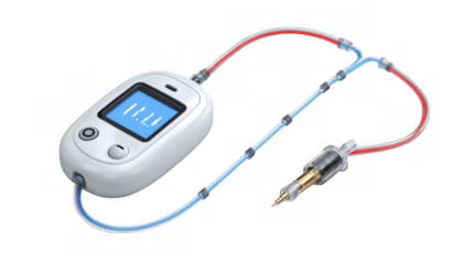 Artificial pancreas continuously monitoring glucose level and delivering insulin, featuring a digital display, advanced technology for diabetes management, on a transparent background