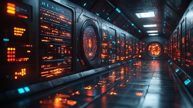 High-tech data center glowing with orange and blue lights, filled with neural servers.