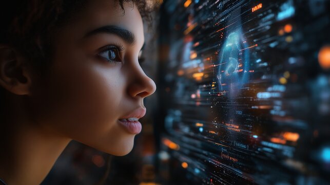 Close-up of a woman interacting with an AI interface featuring a glowing face and data streams.