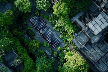 Aerial view of solar panels installed on a rooftop surrounded by lush green trees, embodying eco-friendly energy solutions