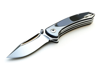 Obraz premium A sleek, modern folding knife with a reflective blade and ergonomic handle, isolated on a white background.