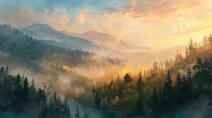 Obraz premium Scenic artistic drawing of mountains and nature, minimal line art style.