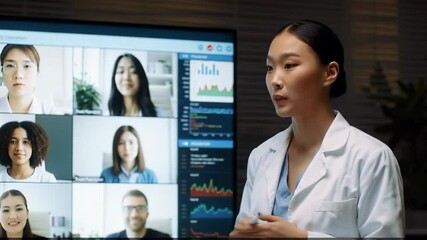 Asian Female Professional Presenting in Virtual Meeting with Diverse Team on Video Call                         - Powered by Adobe