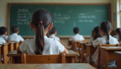 Schoolgirl sits at desk, studies lessons at classroom. Latin school girl looks at chalkboard. Elementary education, back to school concept. Students studying in classroom.
