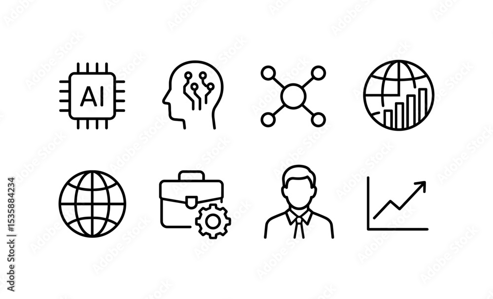 Poster artificial intelligence and data science icons: global network, analytics, and innovation vector ill
