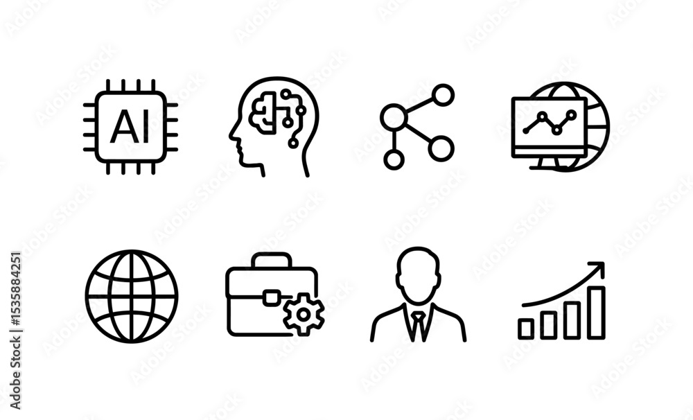 Poster artificial intelligence icons set: ai, machine learning, data analytics, networking vector illustrat