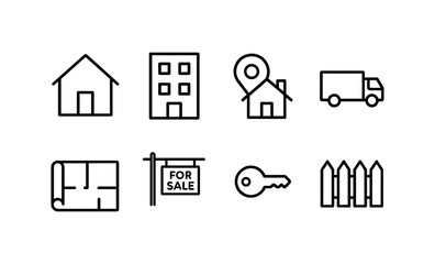 Real estate icons set featuring houses, apartments, and moving truck vector illustration