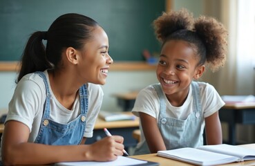 Two biracial girls smiling looking in classroom. Young female teacher talks with student writing. Education, school, elementary studying, happy learning. Class, childhood, homework, lesson.