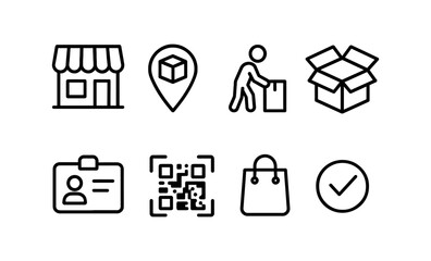 Shopping and delivery icons: storefront, location, package, id, qr code, bag, checkmark vector illustration