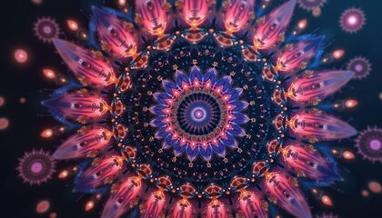 Fototapeta premium Vibrant digital artwork kaleidoscopic patterns on dark background. Artistic illustration features close-up view of abstract design, symmetry, unique shapes, dynamic forms, flowing lines. Perfect for