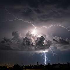 Dramatic nighttime lightning strike over cityscape