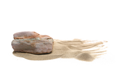 Colorful beach stone and sand isolated on white background, side view