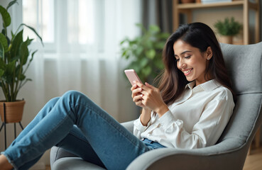 Happy Indian woman relaxes at home on armchair using smartphone. Millennial girl types message on phone, smiles, browses apps. Mobile communication, social media concept. Lifestyle, tech.