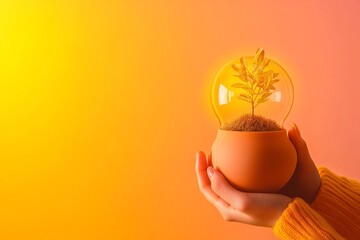 A person holding a glowing light bulb with a small tree growing inside, symbolizing hope, growth, and sustainability, minimalistic style