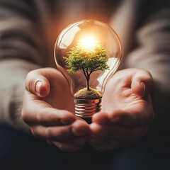 A person holding a glowing light bulb with a small tree growing inside, symbolizing hope, growth, and sustainability, minimalistic style