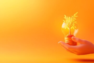 A person holding a glowing light bulb with a small tree growing inside, symbolizing hope, growth, and sustainability, minimalistic style