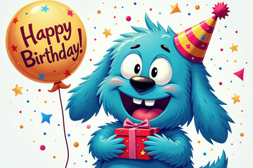 A cartoon blue dog with a party hat holding a gift box and a Happy Birthday balloon surrounded by colorful stars and dots.