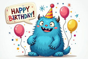 A blue furry monster with horns and a party hat stands amidst colorful balloons and confetti, beaming with joy, surrounded by a Happy Birthday message in a speech bubble.