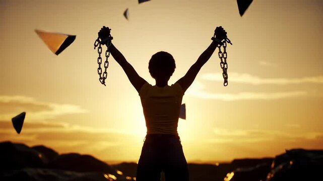 Silhouette breaking chains at sunrise, animated fragments and rising light