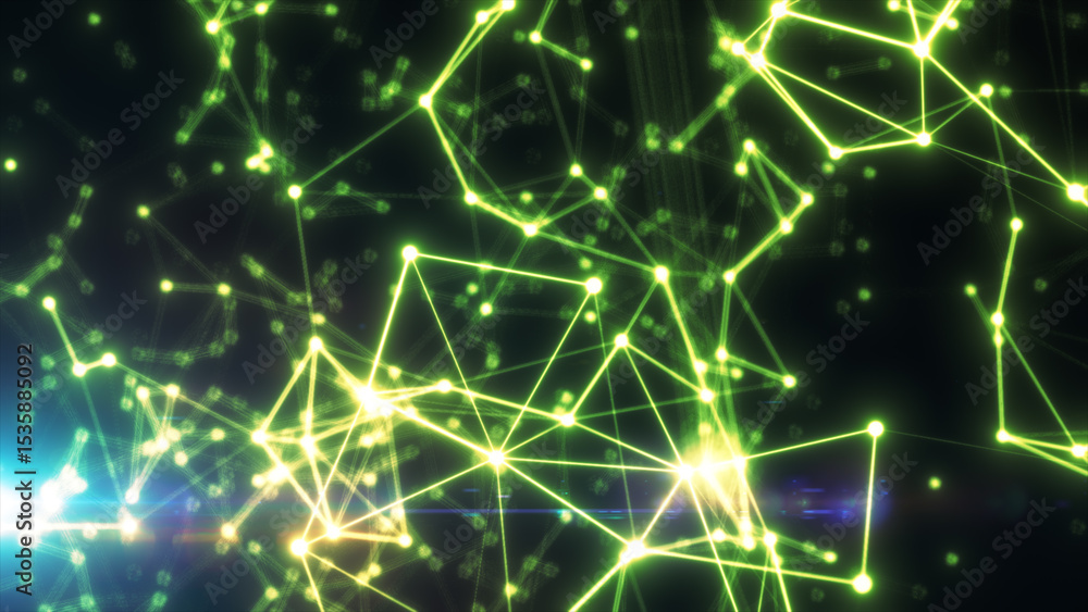 Poster neon green network structure with interconnected points glowing in space-like darkness and bright li