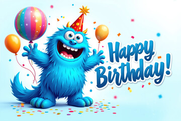 A vibrant blue monster wearing a red party hat, holding a colorful balloon, surrounded by confetti and balloons, with Happy Birthday! written beside it.