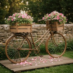 Rustic vintage bicycle adorned with pink flowers in wooden boxes