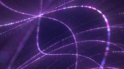 Vibrant purple and pink light trails forming an elegant, swirling abstract digital web on a dark background