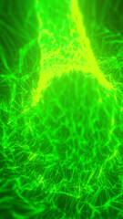 Dark background with green particle trails streaking across, creating a cosmic effect with bokeh lights