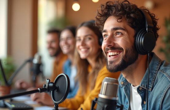 Happy radio presenters smiling during audio broadcast in home studio. Young content creators co-host internet podcast. Friends laughing, having fun at job. Modern tech, online media streaming.