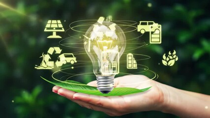 Hand holding glowing eco light bulb with animated sustainable energy icons - Powered by Adobe