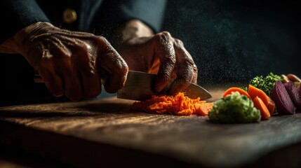 Hands chopping freshly grated carrots and vegetables on a wooden cutting board in a kitchen scene