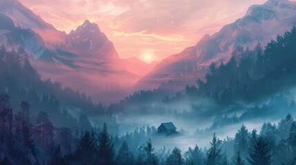 Obraz premium Scenic artistic drawing of mountains and nature, minimal line art style.