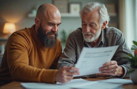 Millennial man helps senior father with paperwork at home. Caucasian son assists elderly parent with documents bills, financial consultation. Family spend time together, read contract, make payment.