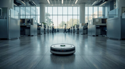 Modern office with automated cleaning robot in action during work hours